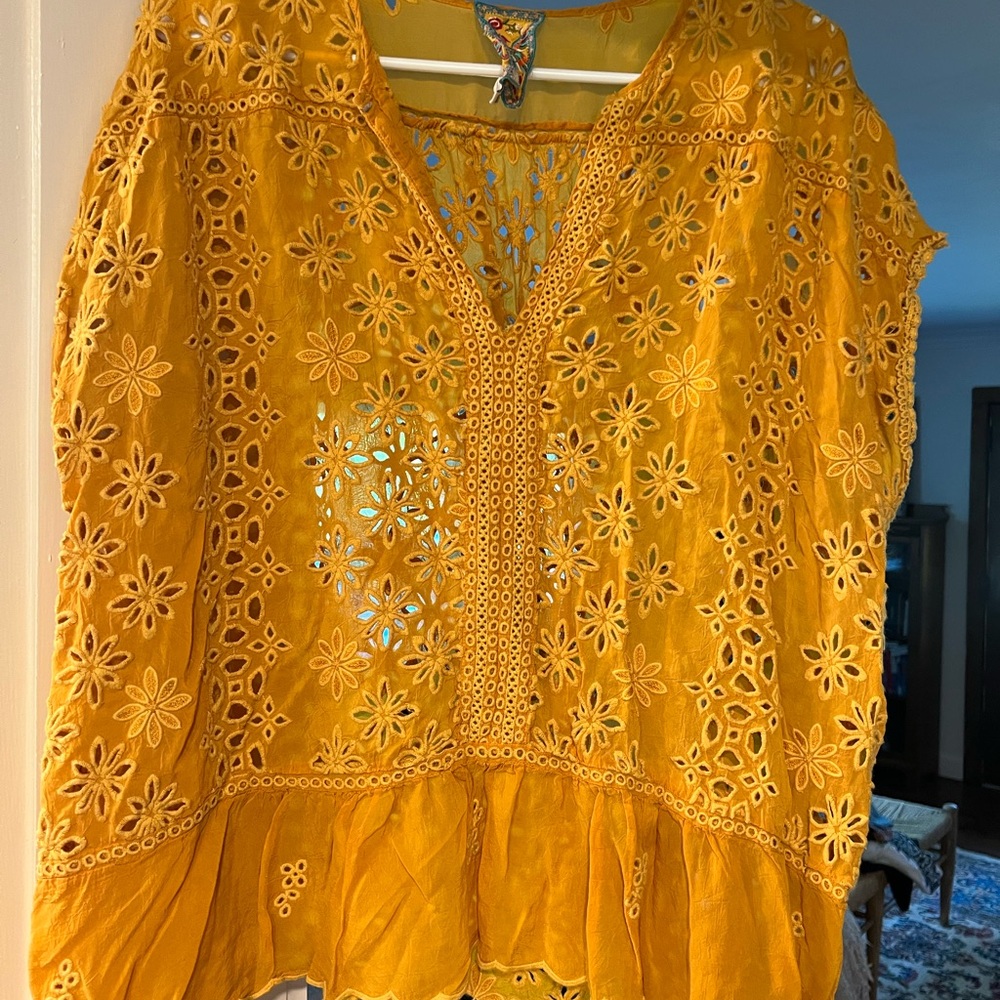 Johnny Was Mustard Yellow Embroidered Top